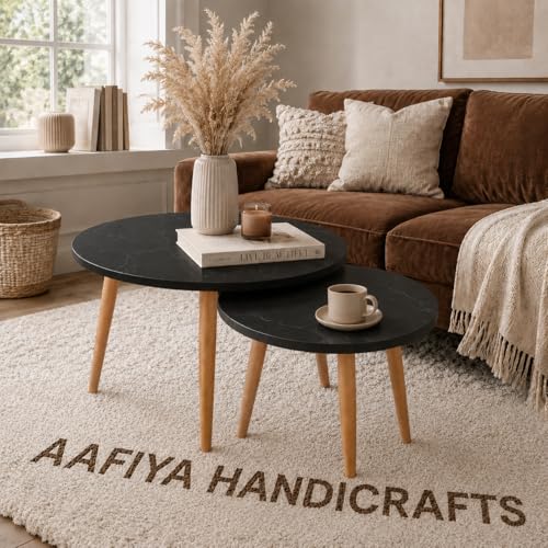 Image of Round Nesting Coffee Table Set of 2, Marble Finish Top, Wooden Legs, for Living Room (Black)
