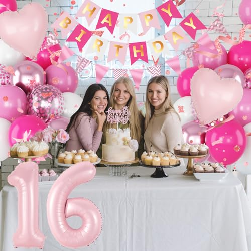 Image of Pink 16th Birthday Decorations for Girls, Sweet 16 Balloon Hot Light Pink White Confetti Balloons Number 1 6 Balloon Heart Happy Birthday Banner Cake Topper for Princess 16 Year Old Bday Party Decor