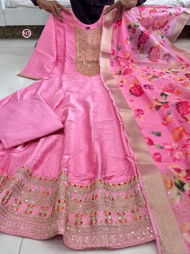 Image of by Pink Anarkali Flared Kurti Pant Dupatta Suit Set.