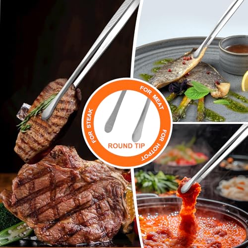 2Pcs 12-inch Kitchen Tweezers for Cooking, Kitchen Tweezer Tongs, Fine Stainless Steel Cooking Utensils Set for Steak, Salad, Pasta, Bacon, Sausage, BBQ, Toast, Aquarium, Silver, Achiwish - Image 6