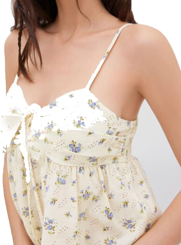 Women Floral Babydoll Tank Top Teen Girl Fairy Ruffle Cami Spaghetti Strap V Neck Boho Crop Top - Image 3