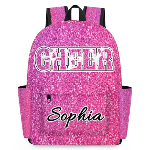 Personalized Cheer Backpack Bag for Women, Custom Large Capacity Shoulder Bags, Waterproof Cheerleader Casual Daypack, Pink Glitter