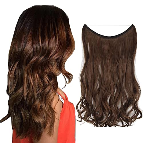 Extensiones rizadas largas de cabello iLUU 18" 80g Marrón chocolate y castaño rojizo para mujer Seret Alambre invisible Línea de pescado Extensiones de cabello Rizado Cabello sintético ondulado Cover