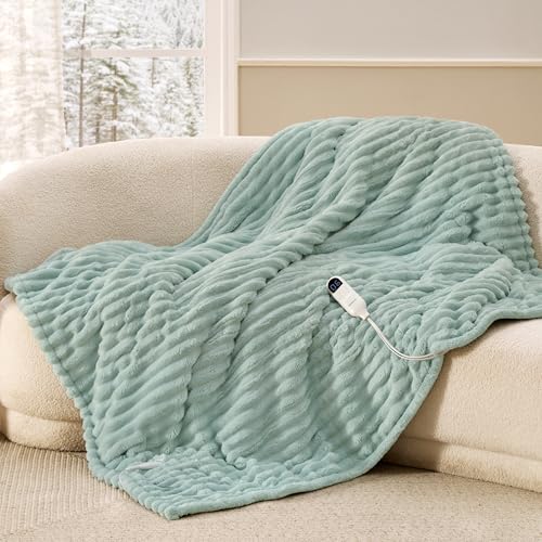 Image of Bedsure Heated Blanket Electric Throw - Thick Striped Flannel Electric Blanket, Heating with 4 Time Settings, 6 Heat Settings, and 3-Hour Timer Auto Shut Off, Gift for Grandma (50x60 inches, Green)