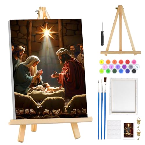 MOGTAA Pintura navideña por números para adultos principiantes con marco, pintura de Jesús por números para adultos con caballete, kits de pintura al óleo para decoración del hogar, 8 x 12 pulgadas