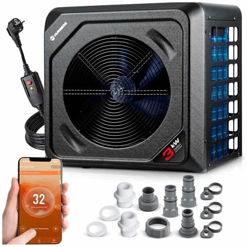 Humberg Pompa di calore per piscina, 3 kW, riscaldamento per piscine fino a 10.000 l, efficienza energetica, silenzioso 45 dB, controllo app Wi-Fi, LCD, COP 5,17, piscina da giardino fino a 10 m³