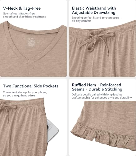 Image of WiWi Womens Pajamas Set Bamboo Viscose Super Soft Short Sleeve Top Ruffle Shorts Sleepwear Cooling Pj Sets S-XXL