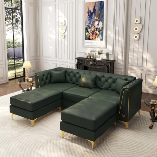 Image of KEIKI 82 inch Faux Leather Chesterfield Sofa with Handmade Button Tufted, Green | Luxury Modern 3-Seater Couch with Metal Trim Armrests & High Resilience Cushion & 2 Ottoman & 3 Pillow, for Living Room