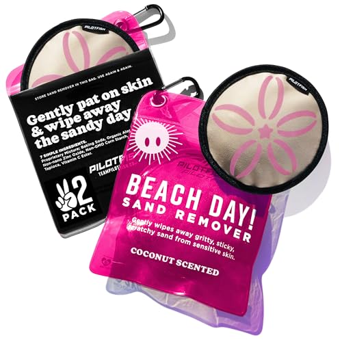 Pilotfish Beach Essentials Sand Remover Bag, Gentle Skin-Friendly Formula with 7 Natural Ingredients + Coconut Oil, Talc-Free Sand Removal Beach Accessories, Must Haves, Gifts for Women (2-Pack)