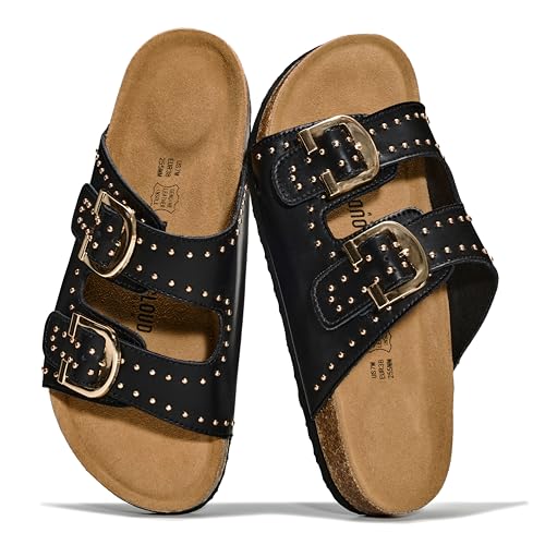 Image of Project Cloud 100% Genuine Leather Flat Sandals For Women 2026 Cork Footbed Womens Sandals with Memory Foam and arch support Vacation Essentials Slides for Women Footwear (Venita)