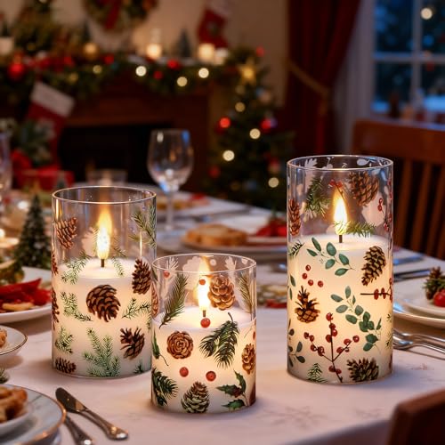 Image of Christmas Flameless Candles with Pinecone Decals, 3 Pcs Glass LED Battery Operated Candles with Remote Timer and 3D Flickering Flame for Christmas Holiday Home Decor(Set of 3, D3 inch x 4 inch5 inch6 inch)