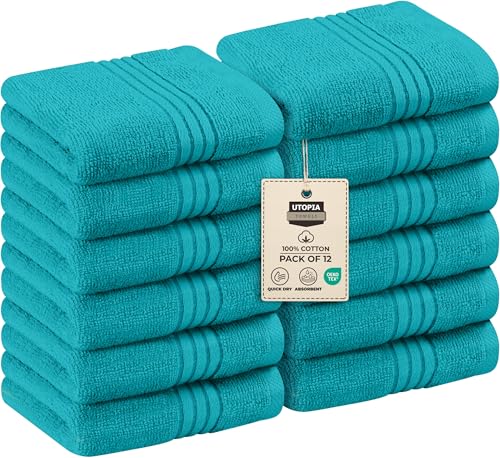 Utopia Towels 12 Pack Premium Wash Cloths Set, 12 by 12 Inches, 100% Cotton Ring Spun, Highly Absorbent and Soft Feel Washcloths for Bathroom, Spa, Gym, and Face, Turquoise
