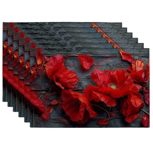 Lot de 6 sets de table motif coquelicot rouge vif - Sets de table pour table à manger - Antidérapants - Lavables - Pour intérieur et extérieur