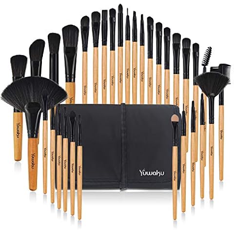 Beige Makeup Brush, Yuwaku 32pcs Wooden Make Up Brushes Set, Premium Synthetic Soft Bristles Kabuki Foundation Powder Eyeshadow Eyeliner Blush Concealer Brush Kit with Nylon Bag Cover