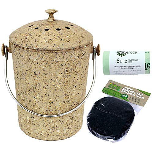Brown Kitchen Compost Caddy/Food Bin – 4.5 Litre & 50 x 6L Compostable Bags & 1 Filter Pack
