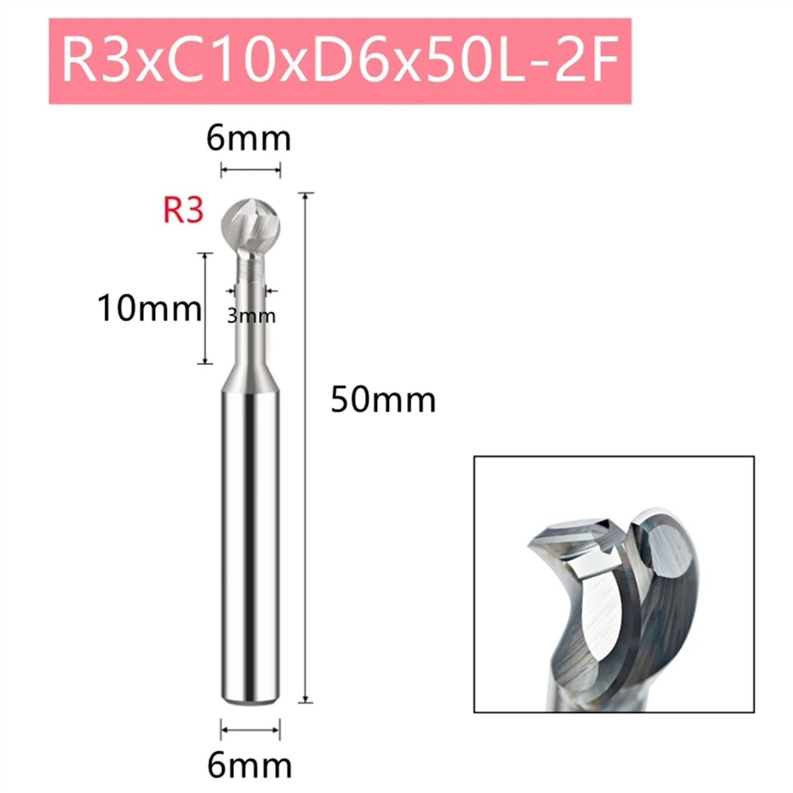 Kugel-T-förmiger Bogenfräser, Lollipop-Schaftfräser, Vollhartmetall-3D-CNC-Fräser R0,5-R10 For Stahl Und Aluminium (Size : R3xC10xD6x50L-2F-01)