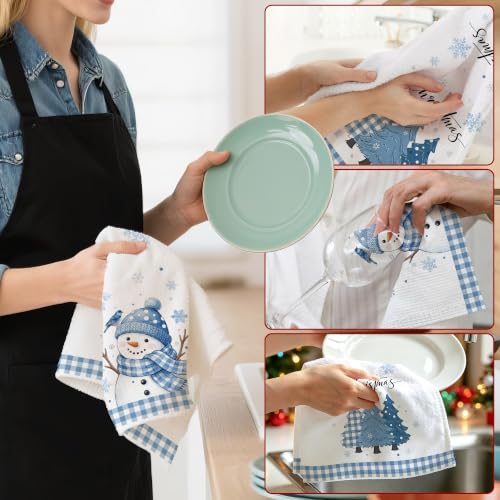 Image of Hexagram Christmas Hand Towels for Bathroom Set of 2, Christmas Bathroom Decor, Blue Snowman Pattern, Soft Hand Towels 18x28 Inches