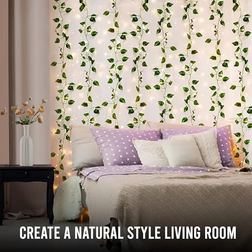 Image of Gesto Artificial Leaf Curtain LED String Lights - Warm White Fairy Lights with 8 Modes Controller, AC Plug for Home,Room,Wall,Birthday, Wedding & Diwali Decoration, Green Leaf Hanging Lights (10x3 Ft)