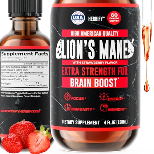 Image of HERBIFY Lions Mane Supplement - Daily Mushroom Supplement for Memory, Focus & Clarity - Brain Booster - Lions Mane Tincture for Immune Support - 4 Fl oz Strawberry Flavor