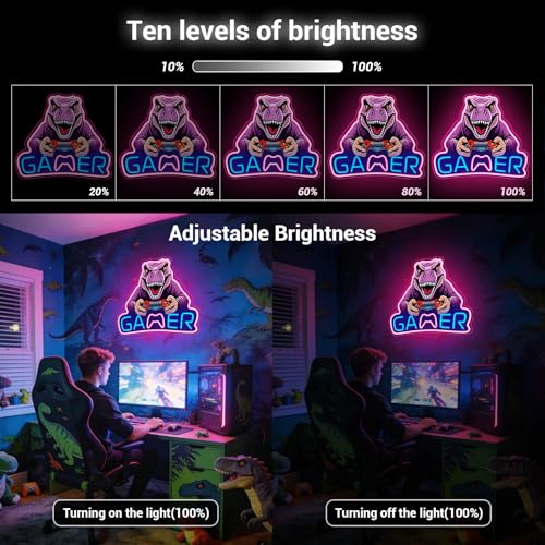 Image of Dinosaur Neon Sign, T-Rex LED Neon Light for Wall and Room Decor, USB Dimmable Powered LED Signs for Bedroom, Man Cave Party, Birthday Christmas Gift (T-REX Game)