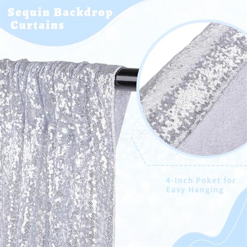 Image of Silver Sequin Backdrop Curtain Drapes 8ftx8ft Glitter Fabric Photo Backdrop | Twilight Sparkle Photo Backdrop Curtain for Wedding /Baby Shower /Pincess Happy Birthday /Graduations /New Years /Theme Party