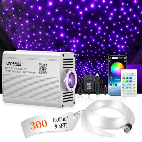 VASTFIRE Starlight Headliner Kit - 300pcs 0.03in 9.8ft Fiber Optic Star Lights for Car with 16W RGBW, Twinkle & Music Sync, APP/Remote Control for Car Roof/Bedroom Ceiling