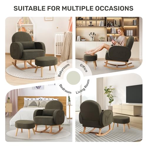 Image of HCHAIRH Rocking Chair with Ottoman, Teddy Glider Rocker with High Backrest and Side Pocket, Rocking Accent Armchair with Solid Wood Legs for Nursery /Living Room /Bedroom Green