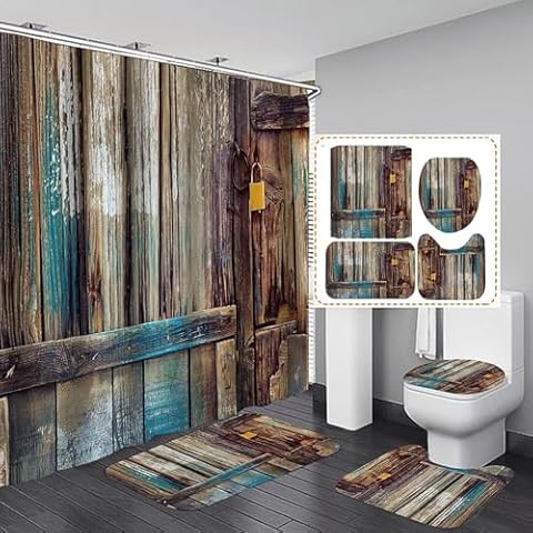 4Pcs Rustic Barn Door Shower Curtain Sets Wooden Gate Bathroom Set Decor with Non-Slip Rugs Bath U-Shaped Mat Toilet Lid Cover Waterproof Vintage Bathroom Curtains Shower Set with 12 Hooks, 70.8×70.8 Cover