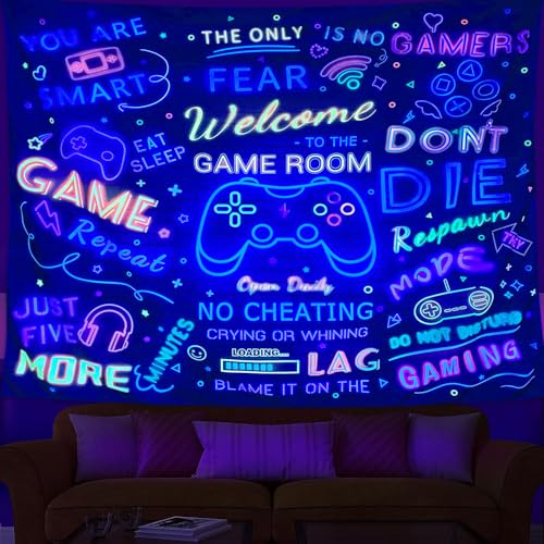 ARTCREATOR Black Light Gaming Tapestry, Welcome To The Game Room Sign For Gaming Room Wall Decor For Boys, Cool UV Reactive Tapestries Gaming Wall Decor for Bedroom (70" x 90")