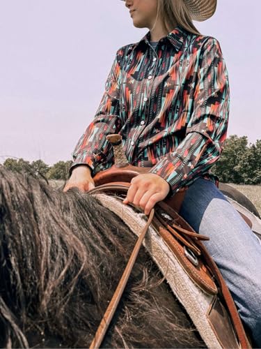 Womens Retro Aztec Pearl Snap Shirts Lapel Button Up Blouse Long Sleeve Cowgirl Ethnic Print Rodeo Western Tops 5