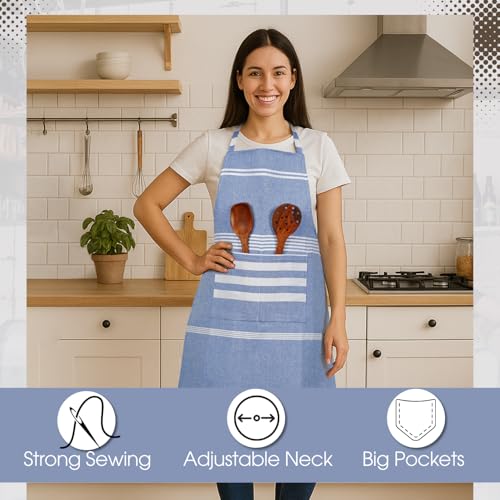 Image of Unisex Cooking Aprons | Waterproof Apron | Striped Design with 2 Front Pockets & Adjustable Neck Strap | Durable, Oil & Stain Resistant | Chef Apron for Cooking