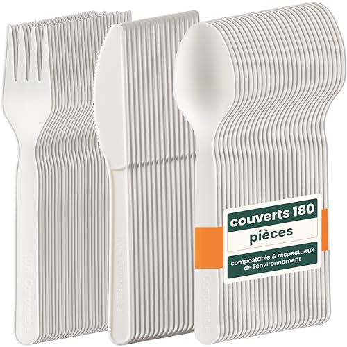 HAAGO 180 Couverts Réutilisables en PLA Blanc 18 cm / 7