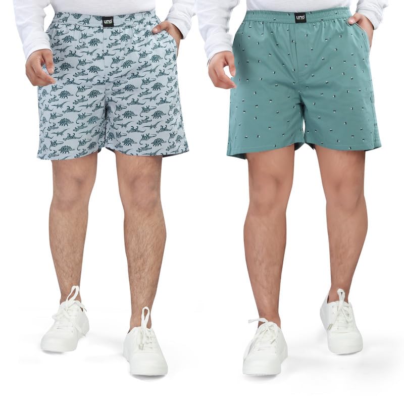 Image of UNOseven Shorts for Boys - 100% Cotton Printed with Side Pockets - Pack of 2 - Available from Size 7 Years to XL