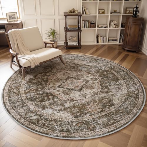 AMOAMI 6FT Round Rug - Vintage Soft Coffee & Brown Rugs for Living Room, Bedroom, Dining Room, Office - Non Slip, Machine Washable Coffee 6' (Round)