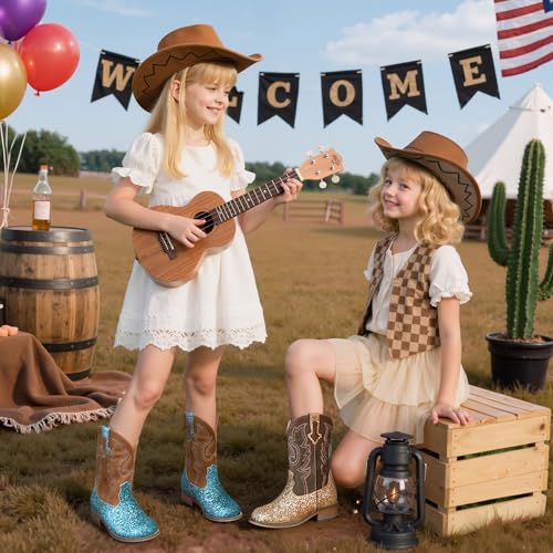Image of Motasha Girls Cowgirl Boots Unisex-Child Mid Calf Glitter Toddler Cowboy Boot Little Big Kids Western Riding Shoes
