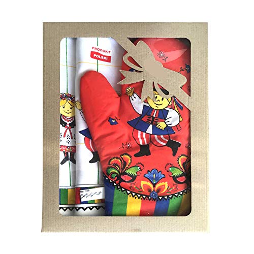 Polish Folk Art Krakow Dancers Gift Set with 2 Kitchen Towels and 1 Oven Mitt in Box (Red)