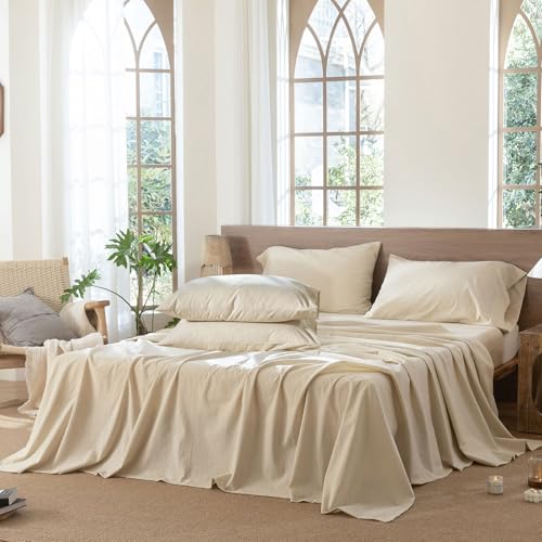 Image of MooMee Sheet Set 100% Washed Cotton Linen-Like Extra Deep Pocket Queen | Relaxed Linen-like Texture. Soft, Breathable & Lightweight Comfort. 15-19 inch Extra Deep Pocket with All-around Elastic