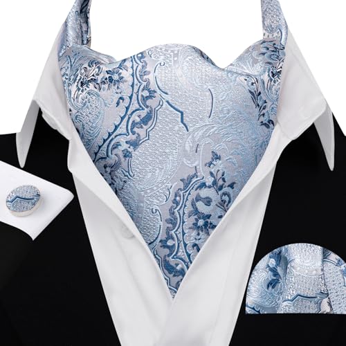 Image of Barry.Wang Ascot Ties Cravat Tie Men Paisley Plaid Scarf Self Tie Pocket Square Cufflinks Set Wedding Party
