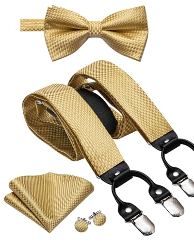 Image of Dubulle Suspender and Bow Tie for Men Paisley Solid Mens Suit Braces Pretied Bowtie and Handkerchief Cufflinks Formal Wedding