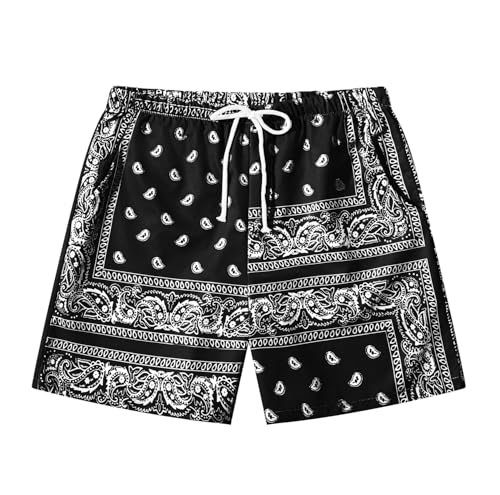 Wlizszu Mens Boho Paisley Short Tribal Print Drawstring Waist Summer Bandana Shorts with Pockets Black