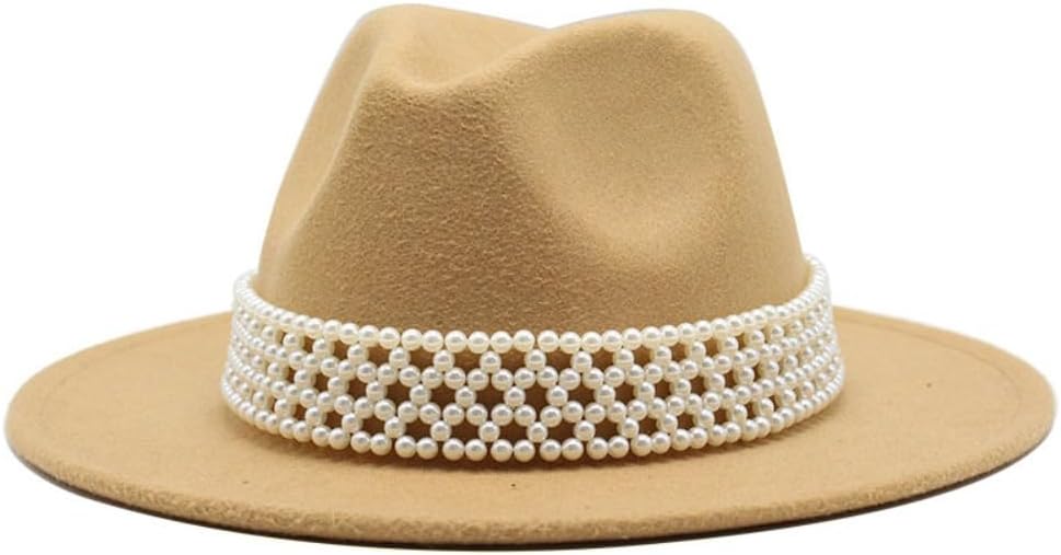 Elegant Yellow Wool Fedora Hat with Pearl Band, Wide Brim Western Style
