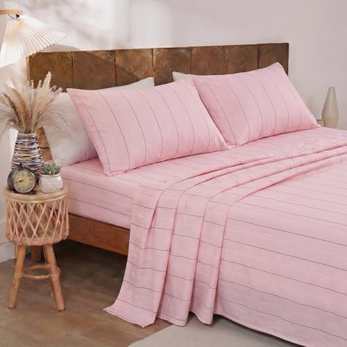 Image of Merryword Pink Pinstripe Sheet Set King Size - 100% Cotton Striped Bedding 4 Pieces, Soft Breathable Percale Weave, 17.5 inch Deep Pocket, Luxury Linen Like, All Season Comfort