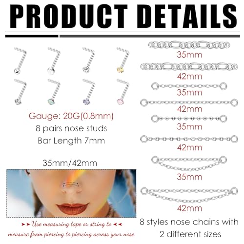 20G Nose Rings Studs with Chains African Nose Ring Cuff Horseshoe Septum Rings Stainless Steel Star Heart Nose Ring Chain Piercing Jewelry Set for Women Men4