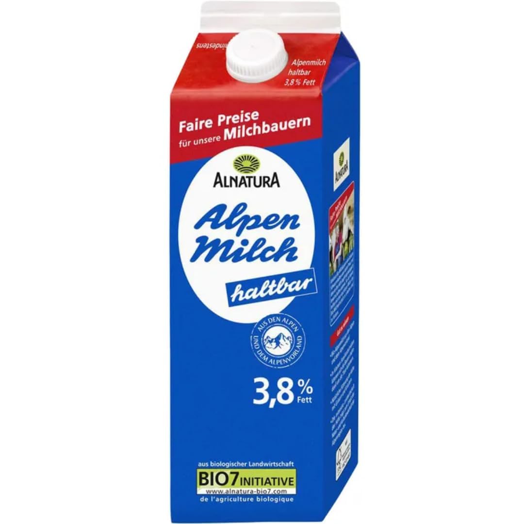 Milch fettarme H-Milch 3,8% Fett Haltbare Milch Alpenmilch, je 1 Liter, 60 Stück mit Pufai Grocery