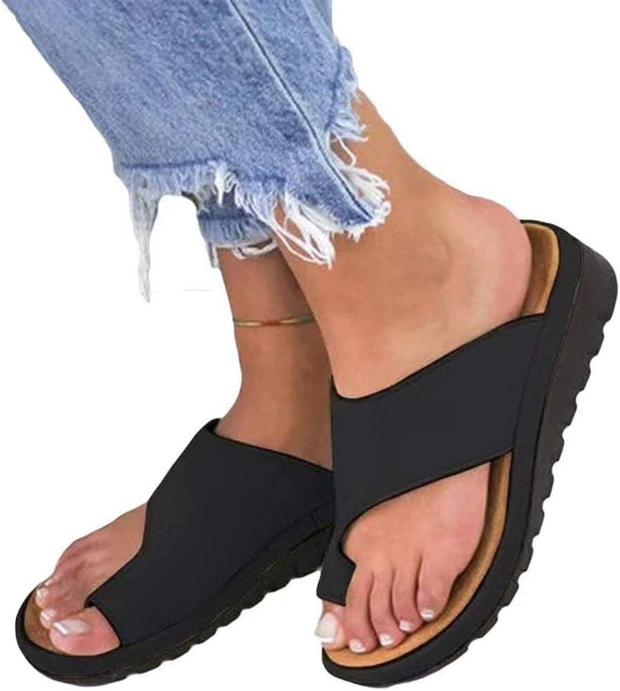 GnohnayWomen Comfy Platform Sandal Orthotic Shoes PU Leather Flat Sole Big Toe Foot Correction Sandals Orthopedic Bunion Corrector,Black,38