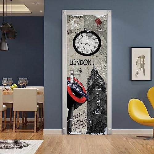 A.Monamour Sticker Porte Autocollant Poster De Porte 3D Big Ben Londres Dans Un Style Rétro Vinyle Affiche De Porte Sticker Mural Papier Peint Art Décor...
