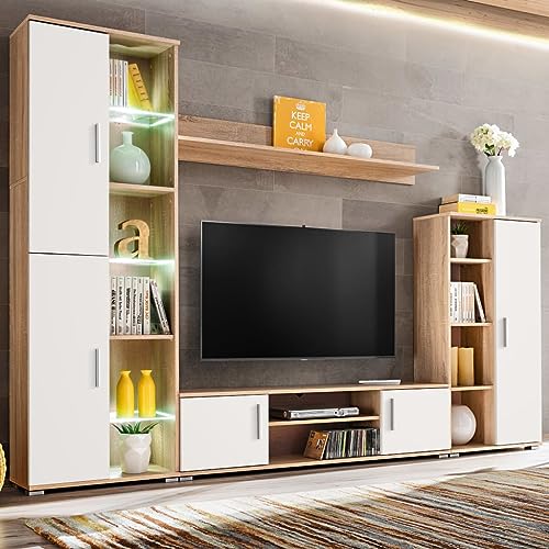 Lumanois Meuble TV Mural avec lumière LED Chêne Sonoma et Blanc Meubles TV Brun,246030