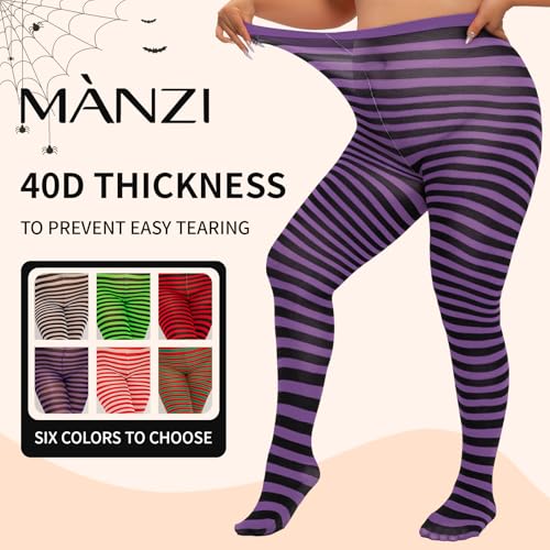 Image of MANZI 2 Pairs Women's Plus Size Colored Striped Tights 40D Nylon Striped Pantyhose for Halloween Christmas
