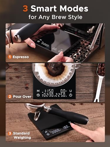 Image of Coffee Scale with Auto Timing, Rechargeable Espresso Scale with Timer, Ratios & Flow Rate Display, 3 Modes, Barista-Grade for Pour-Over, French Press - 2kg /0.1g, Black