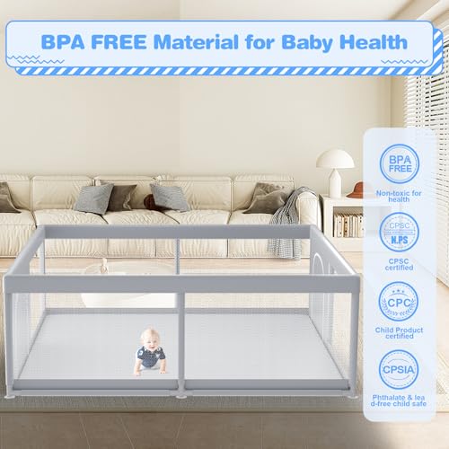 Image of XVISHX Baby Playpen, 79 x 79 Inch Play Pen, Playpen for Babies and Toddlers, Baby Playard for Indoor & Outdoor Active Center Game Fence, with Skin-Friendly Fabric and Soft Breathable Mesh Grey